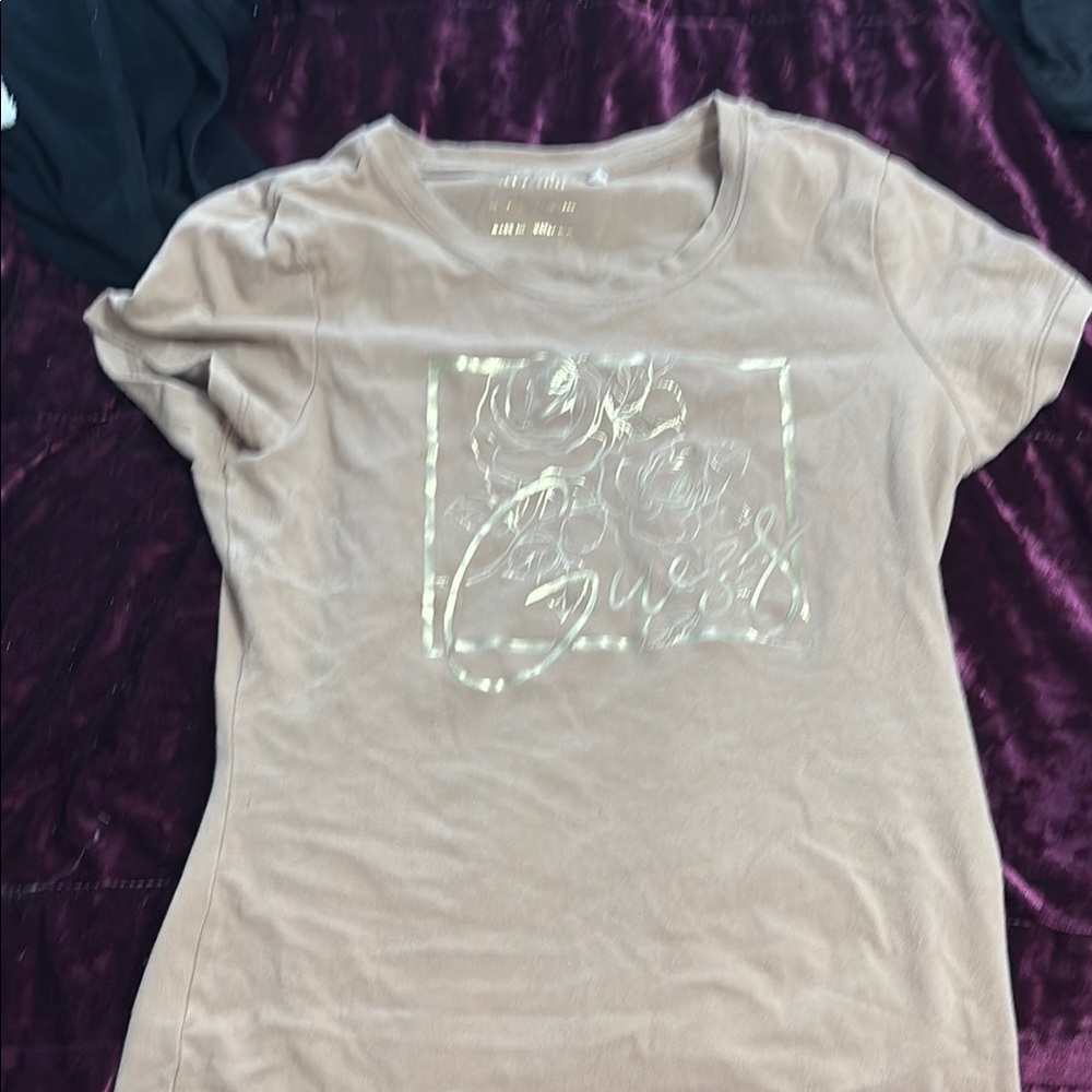 Guess Tan T-Shirt with Gold Logo